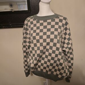 Staccato Green and Cream Checkered Crewneck Sweater